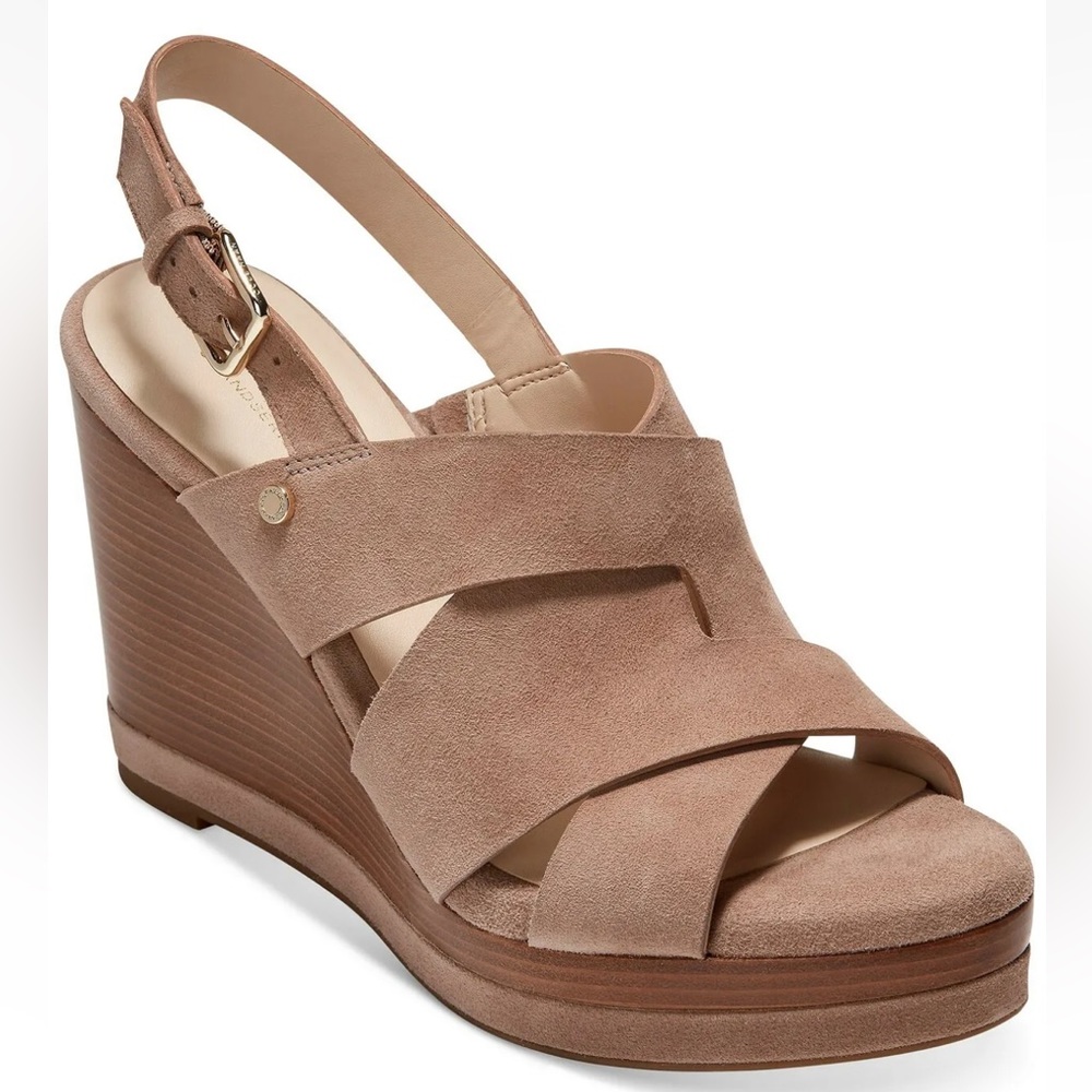 COLE HAAN Laci Suede Platform Wedge Sandals Stone Taupe Womens Size 9 B